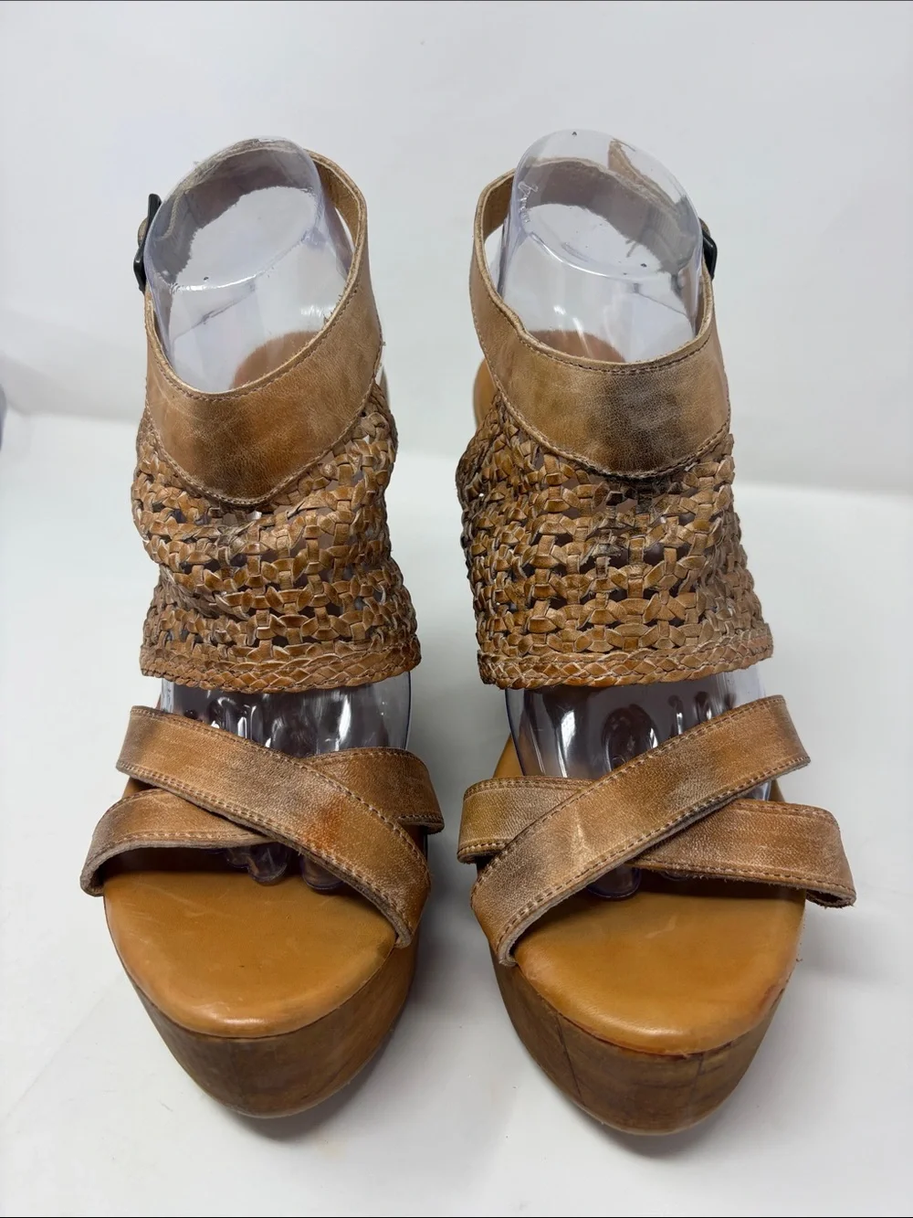 BED|STU Woven Dark Camel Leather Platform Sandals Size 10 Excellent Condition